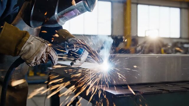 Welder in protective gear uses a torch to weld metal, creating a shower of bright sparks in a factory setting, industrial manufacturing process