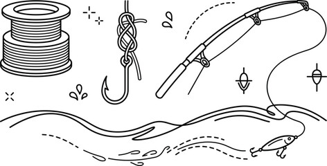 Fishing gear and equipment line icon set with rod reel hook knot and lure vectors © PJ DeSign