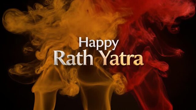 Happy Rath Yatra greeting with colorful orange and red smoke on a darker background.