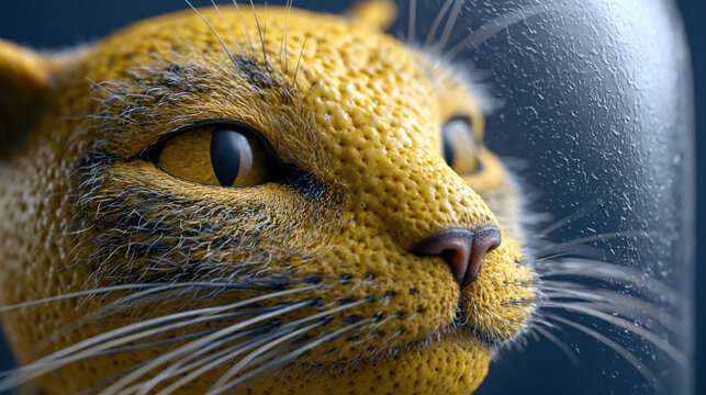 Lemon-rind-textured cat chimera eye close-up in surreal photorealistic 3D portrait
