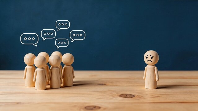Sad wooden figure isolated from group, social exclusion and loneliness concept, bullying or rejection in community, mental health awareness, feeling left out, emotional isolation,