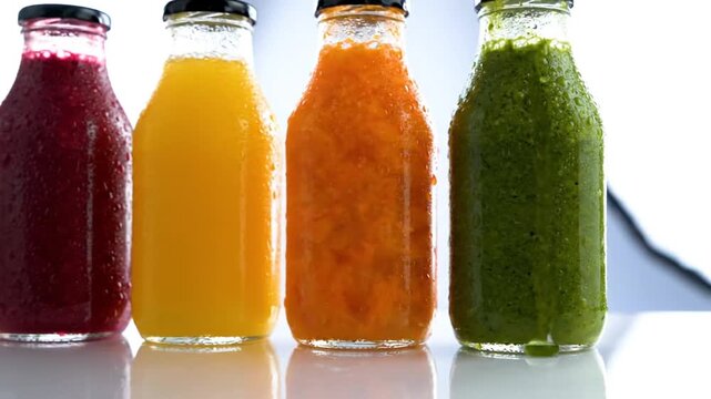 Row of colorful cold pressed juices in glass bottles with condensation droplets on white background