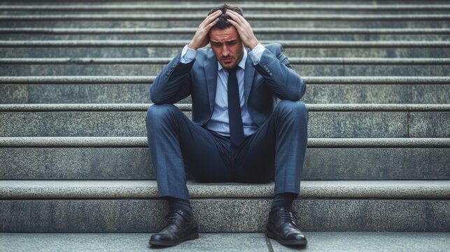 Stressed businessman sitting on stairs with hands on head, symbolizing financial pressure, job loss, mental health challenges, workplace stress, burnout, anxiety, crisis, and uncertainty.