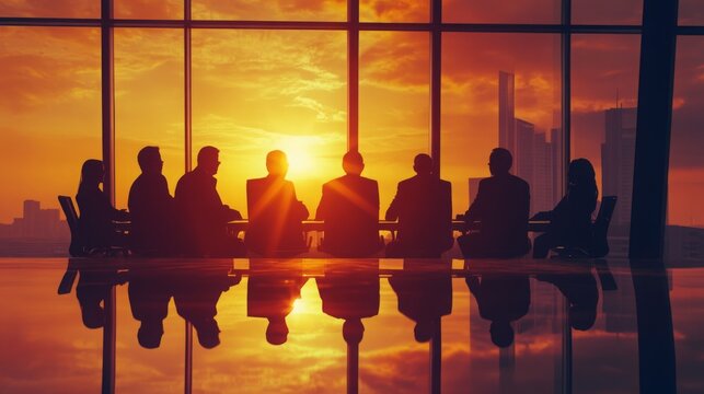 Business professionals meeting in a modern corporate boardroom at sunset, discussing strategy, leadership, teamwork, investment and growth. Silhouettes against city skyline 