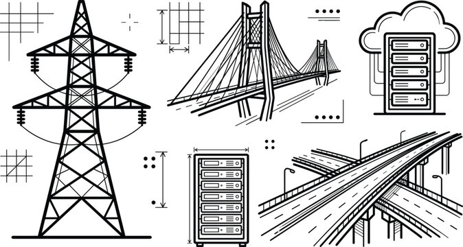 Infrastructure and network engineering line icon set with power tower bridge highway and cloud server
