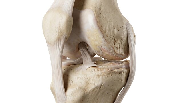 3D medical illustration of a human knee joint showing detailed anatomy with bone spurs and osteoarthritis symptoms on white background