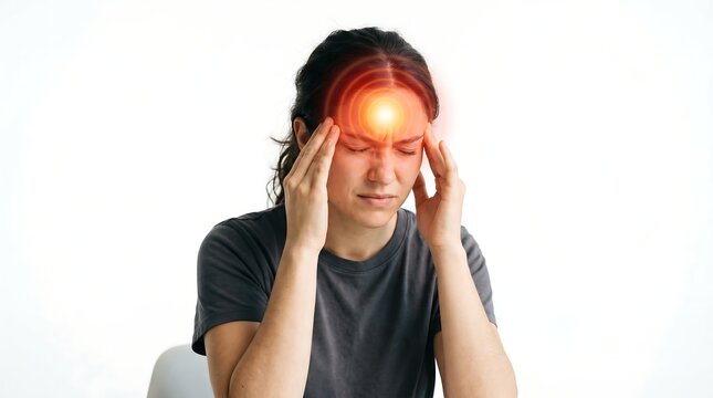 A young woman suffering from a severe migraine holding her temples with hands in pain against a white background