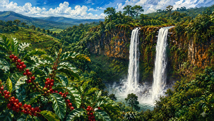 Naklejka premium Coffee plantation in the foreground with a majestic waterfall in the background, lush tropical landscape in Laos
