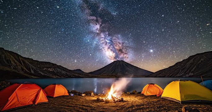 Camping tents pitched by a campfire at the edge of a mountain lake under a starry night sky, outdoor adventure and wilderness exploration.