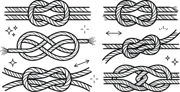 Nautical rope knot line icon set with marine sailing loops ties and maritime rigging vectors