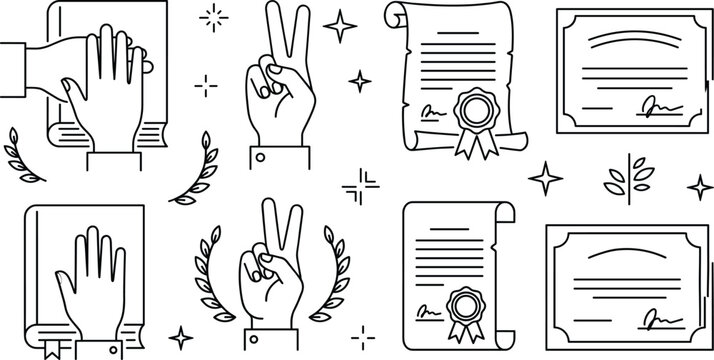 Oath of office and legal certificate line icon set with hand on book scroll vectors