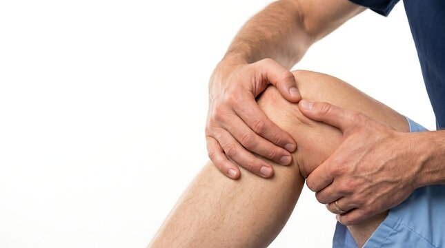 A man holding his knee in pain due to a joint injury or chronic arthritis against a white background.