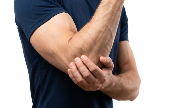 Athletic man suffering from elbow pain holding his injured joint isolated on white background.