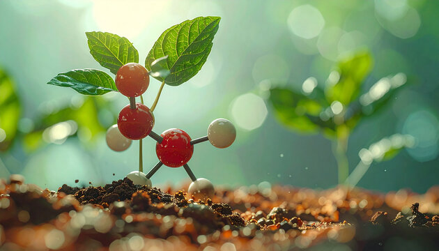 Molecular Growth in Nature: A molecular model representing a chemical compound emerges from fertile soil, surrounded by sprouting plants, symbolizing the intersection of science and life.