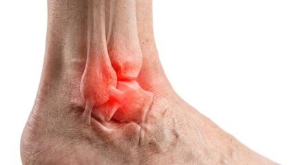 Naklejka premium Close up of a human ankle with an anatomical overlay highlighting joint pain and inflammation in the bone structure.