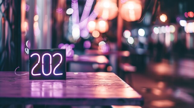 Neon Purple Number 202 Sign on Wooden Table in Vibrant Nightclub Scene