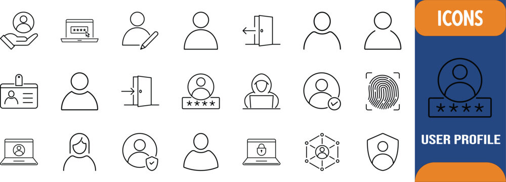 User profile account security management. user icon set, laptop icon set, fingerprint icon set