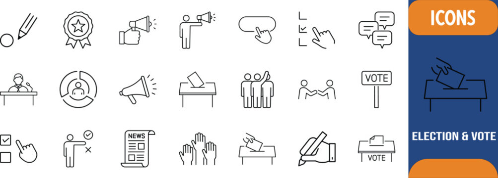 Democracy election voting process icons. ballot icon set, megaphone icon set, checklist icon set
