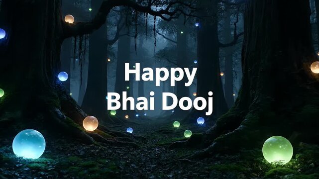 Happy Bhai Dooj greeting in a magical dark forest with glowing colorful orbs and trees