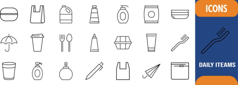 Everyday consumer goods line vector icons. plastic bag icon set, toothbrush icon set, coffee cup icon set
