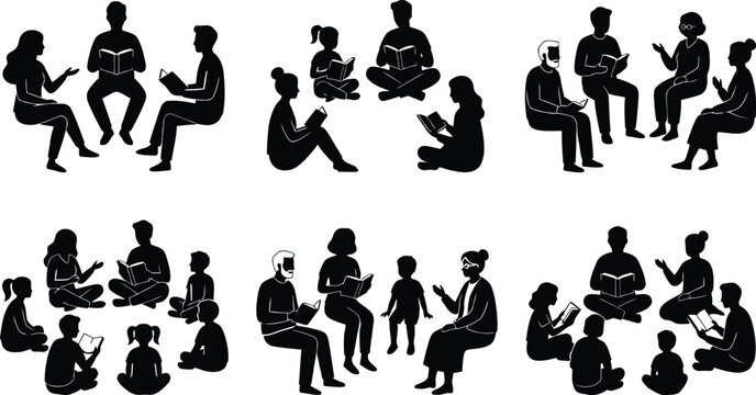 People reading and discussing in groups