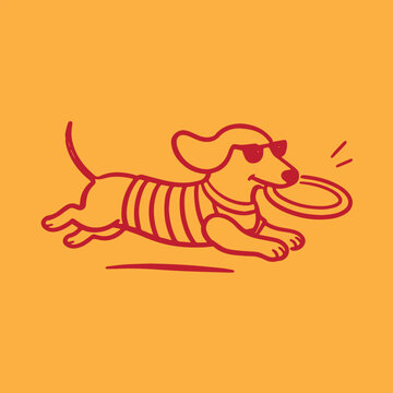 Minimalist monoline illustration of funny dachshund dog , playful and retro vibe, hand-drawn vector style, clean continuous red line art, simple curved shapes, flat 2D illustration, mascot aesthetic
