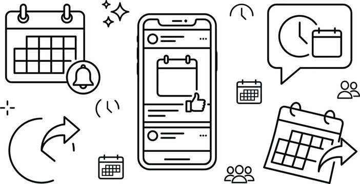 Social media content calendar and post scheduling line icon set with smartphone calendar and notification