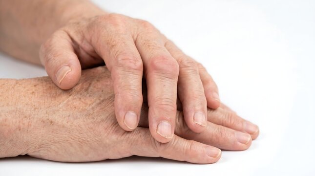 Close up view of elderly hands with wrinkled skin and swollen finger joints from arthritis on a white background