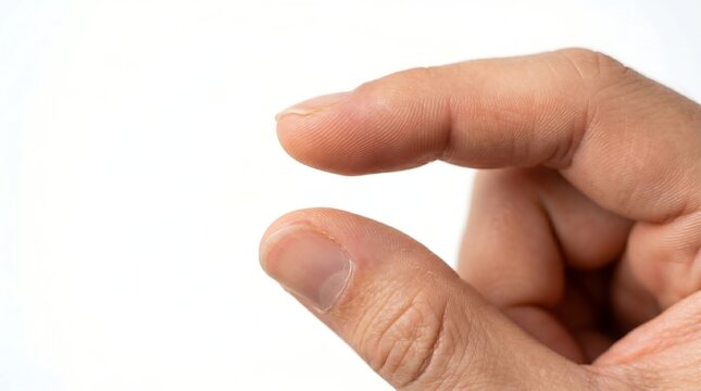 Macro close up of a human hand making a small pinch gesture with thumb and index finger on white background.