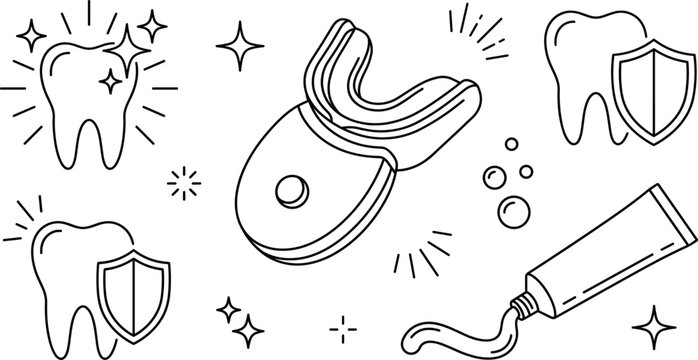 Teeth whitening and dental care line icon set with uv led mouthguard shield and toothpaste