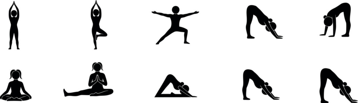 Minimalist black line art vector icons depicting various yoga poses and meditation postures in silhouette style.