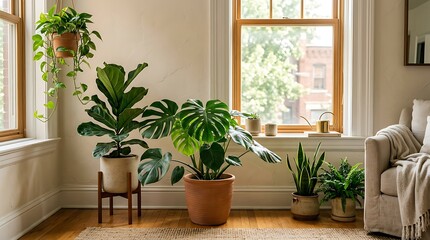 Fototapeta premium Collection of Indoor Tropical Houseplants Near Sunlit Window