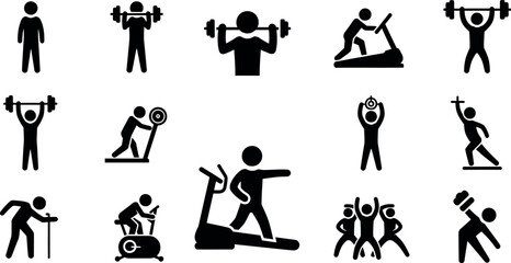 Obraz premium Various Exercise and Fitness Poses Silhouette Vector Icon Set for Workout and Training