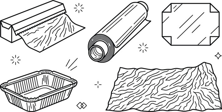 Aluminum foil and kitchen food wrap line icon set with roll container dispenser and textures