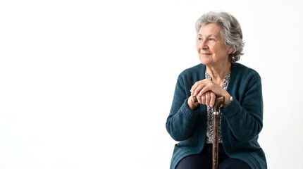 Fototapeta premium Portrait of a happy senior woman sitting and leaning on a wooden walking stick against a white background