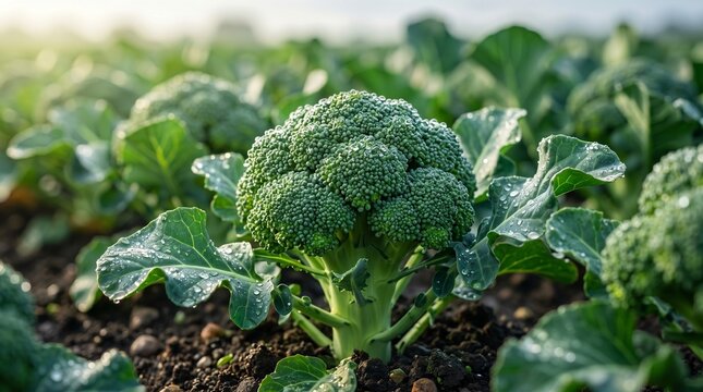 Organic green broccoli growing in fertile garden soil under bright sunlight, highlighting sustainable agriculture and healthy food production