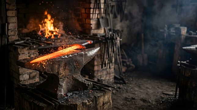 Glowing hot sword blade on an anvil in a traditional blacksmith forge