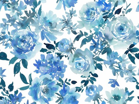 Watercolor modern floral seamless pattern with abstract hand painted blue roses, wild flowers for wedding invitation, stationary and wall paper