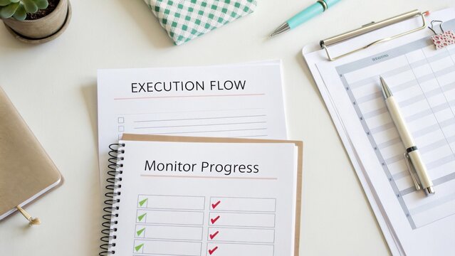 Workspace with Planner and Checklist for Execution Flow and Progress Monitoring in Minimalist Design