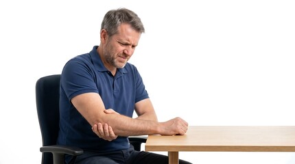 Fototapeta premium Middle aged man sitting at a desk holding his elbow in pain suffering from joint inflammation or injury isolated on white background