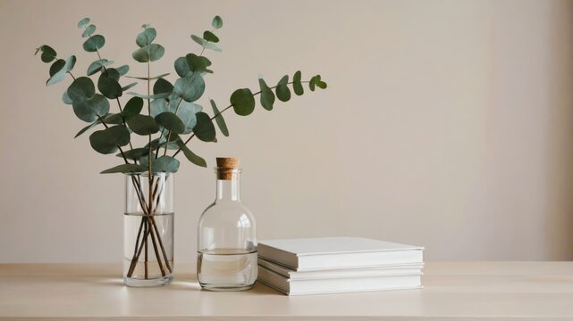 Eucalyptus plant in vase with bottle and books neutral background composition