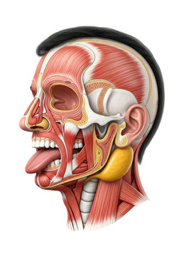 a hyper-detailed sagittal cross-section of a young adult male head profile, illustrating internal respiratory and digestive anatomy, including the yellow parotid gland, against a transparent
