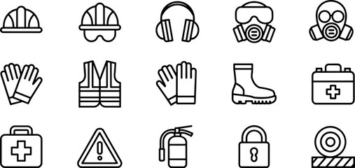 Personal protective equipment and industrial safety line icon set vector illustration featuring hard hat goggles vest and gear © MdNazmul