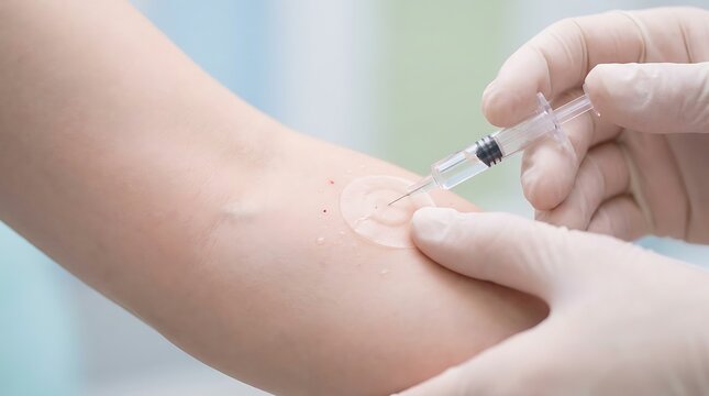 Close up of gloved hand injecting vaccine into patient's arm subcutaneous injection with needle and syringe health care medical procedure concept.