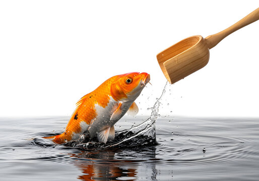 Orange koi carp jumping out of water towards a wooden dipper
