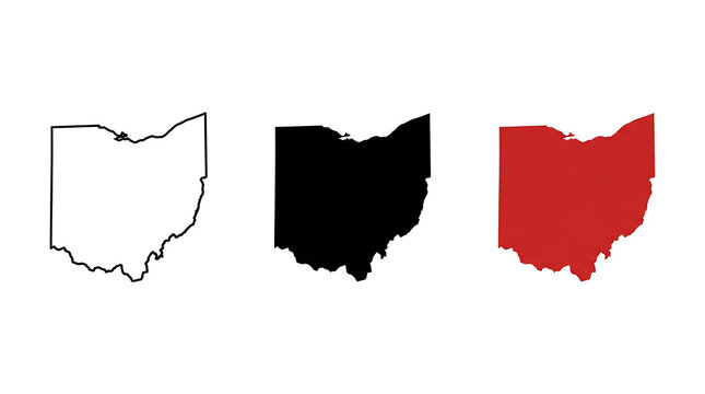 Visual representation of the state of Ohio presented in three distinct styles a geographic outline, a solid black silhouette, and a vibrant red filled shape, showcasing the distinctive territory