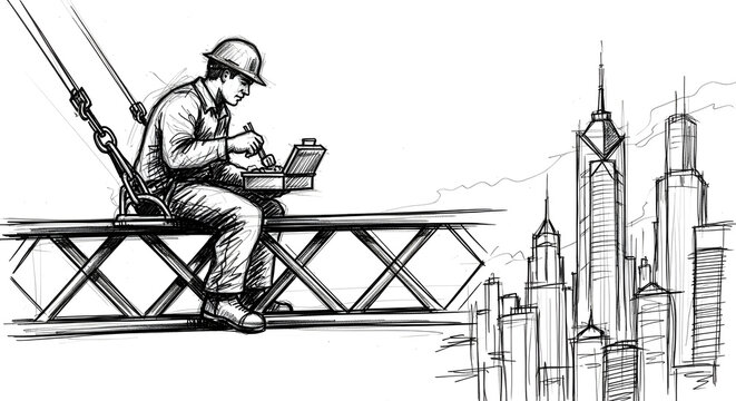 Construction worker eating lunch on a steel beam above the city
