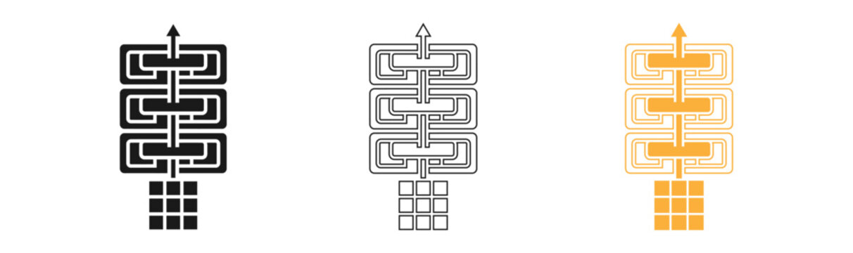 Abstract geometric logo designs featuring interlocking rectangular shapes and upward pointing arrows presented in black outline and gold color variations