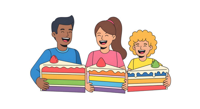 Three happy diverse people holding colorful rainbow cake slices, celebrating joyfully.