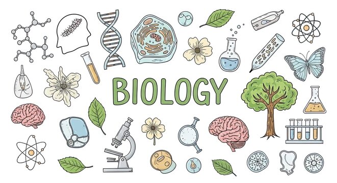 Detailed science doodles around biology text for educational use.
